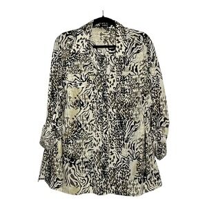 Elementz Woman Mixed Animal Print Button Up Blouse Plus 3X Black‎ Tan WSTB0558